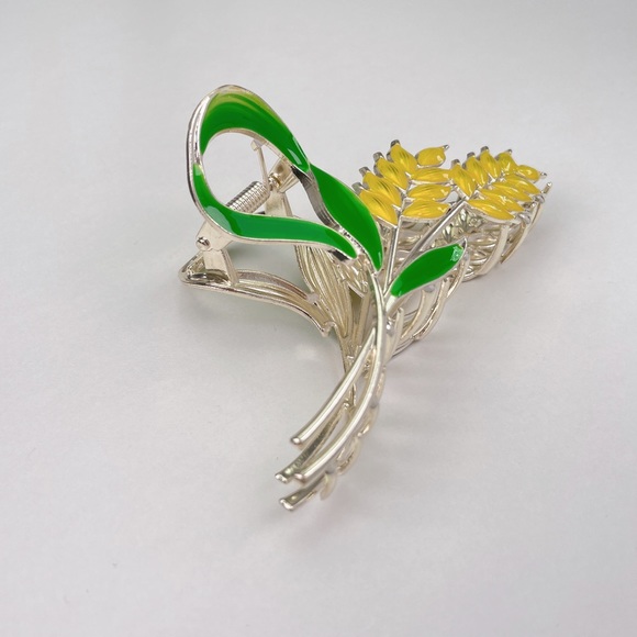 NEW Warm Silver Metal Yellow Wheat Green Leaves Hair Claw - Picture 3 of 8